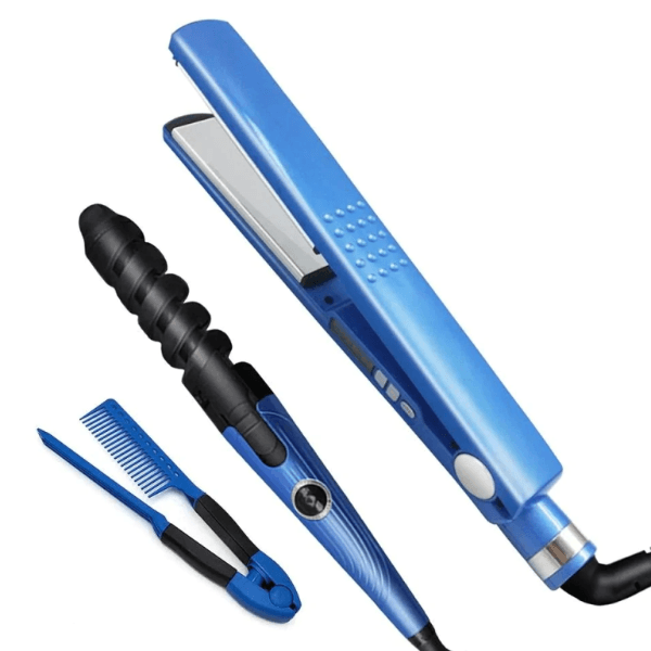 Anúncio: Kit 3 em 1 para Cabelo Nano Titanium com Chapinha / Prancha de Cabelo / Modelador de Cachos e Pente - Bivolt - Azul