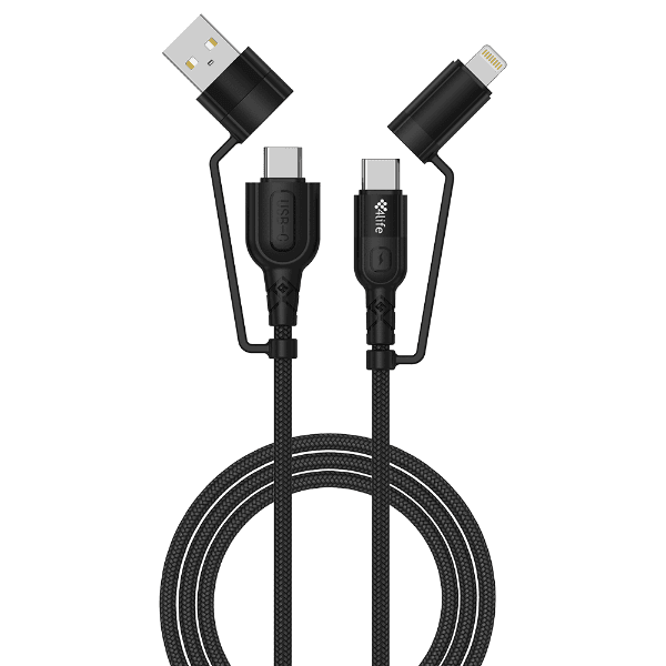 Anúncio: Cabo 4Life 4 Em 1 FL4160CCALB Power Flex Series / 1X USB-A / 1X Lightning / 2X USB-C / 1 Metro / 60W - Preto (Nylon)
