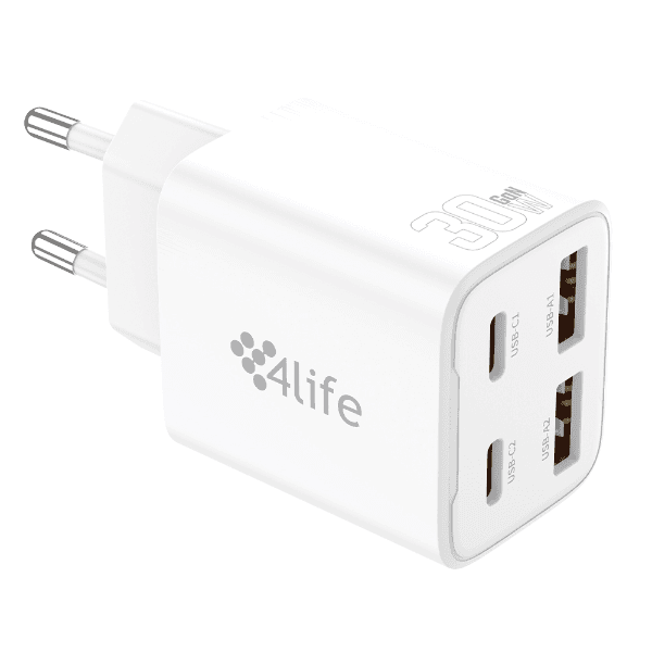 Anúncio: Carregador de Parede 4life 30W GaNMaster Series (FL94302XACW) 2x USB-C / 2x USB-A / 100-240V ~ 50/60Hz - Branco