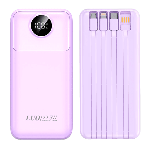 Anúncio: Carregador Portátil PowerBank Luo LU-6085 / 12000mAh / 22.5W / USB X2/ USB-C / Com cabo Embutido Lightning - USB - USB-C - Micro USB - Roxo