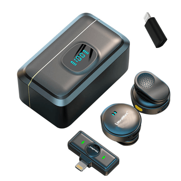 Anúncio: Microfone Sem Fio UltraMax ULT-Q8 / 2 Microfones / USB-C / Com Adaptador para Lightning - Preto