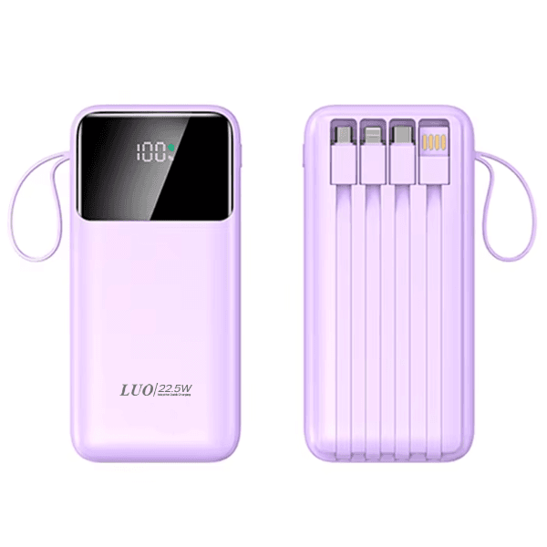 Anúncio: Carregador Portátil PowerBank Luo LU-6082 / 12000mAh / 22.5W / USB X2 / USB-C / Com cabo Embutido Lightning - USB-A - USB-C - Micro USB - Roxo