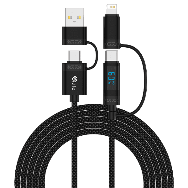 Anúncio: Cabo 4Life 4 Em 1 FLKACCL2 Power Flex Series / 1X USB-A / 1X Lightning / 2X USB-C / Com Display LED / 2 Metros / 60W - Preto (Nylon)