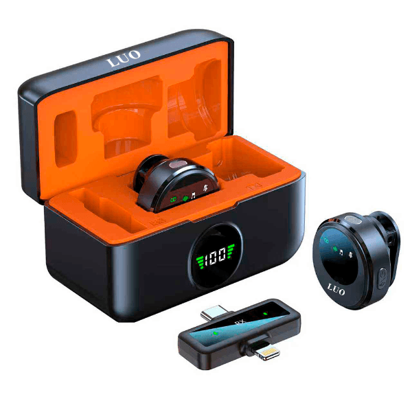Anúncio: Microfone Sem Fio Luo LU-B29 para Smartphone / 2 Microfones / USB-C e Lightning - Preto/Laranja