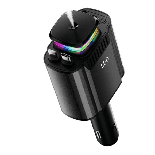 Anúncio: Carregador Para Carro Luo LU-8234 Pro / 5 em 1 / Com Aromatizador de Ar / USB-C + Cabo USB-C - Lightning Embutido / Inclui 3 Essências - Cinza/Preto