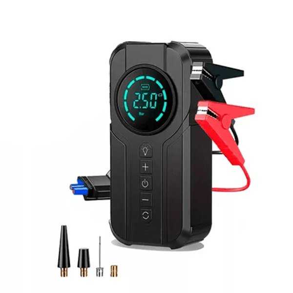 Anúncio: Compressor De Ar + Auxiliar de Partida Portátil 3669 Com Bateria Para Ignição De Emergência Acople / Com Lanterna 4 Em 1 - Preto