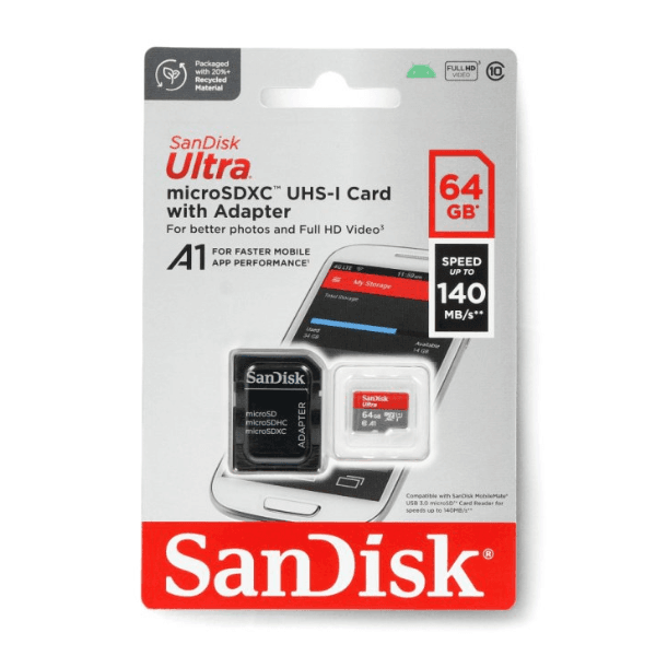 Anúncio: Cartão de Memoria Micro SD de 64GB Sandisk Ultra 140MB/S Classe 10 - Cinza/Vermelho