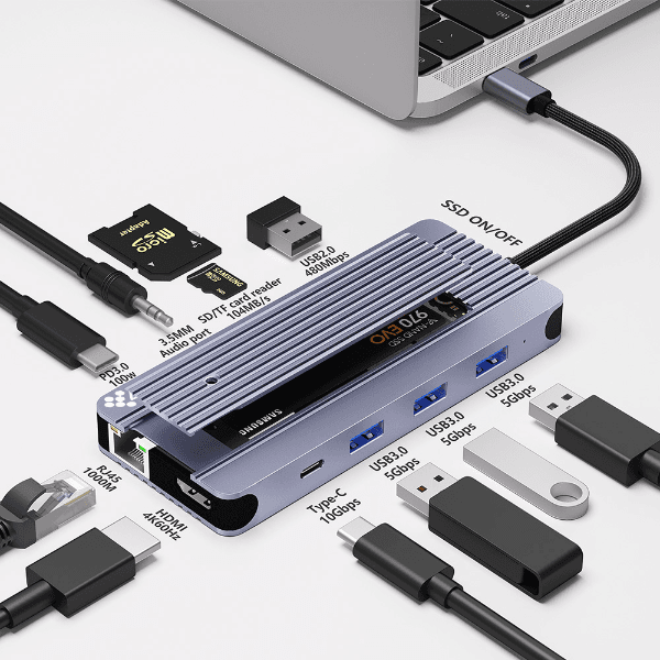 Anúncio: Hub Adaptador Multiporta 4life USB-C Multiport Super HUB 12 Em 1 + SSD Case FL121SSDPRO 100W / USB-C 3.0 PD / USB 2.0 / USB 3.0 x3 / HDMI / USB-C / SD Card / TF Card / RJ45 / 3.5MM Jack - Cinza