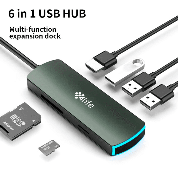 Anúncio: Hub Adaptador Multiporta 4Life FLM6AIR / 6 Em 1 / USB-C / 3X USB-C 3.0 / HDMI / SD / TF - Dark Green