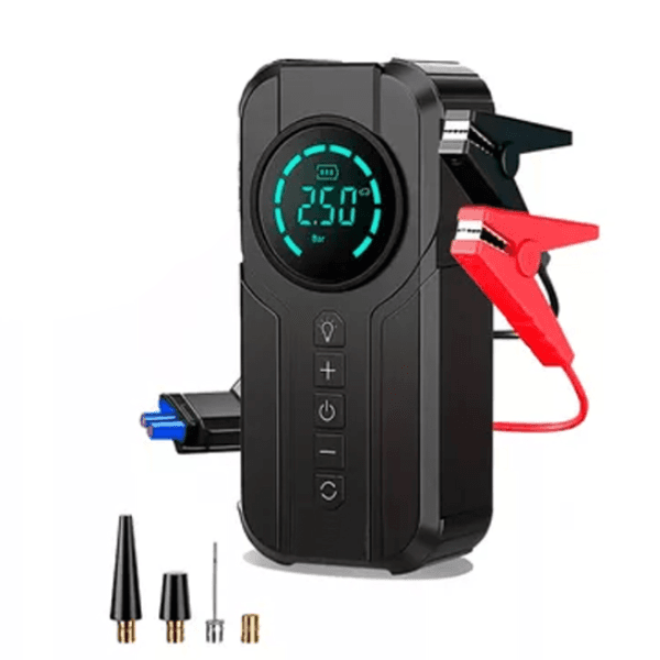 Anúncio: Compressor De Ar + Auxiliar de Partida Portátil JG-819 Com Bateria Para Ignição De Emergência Acople / Com Lanterna 4 Em 1 - Preto