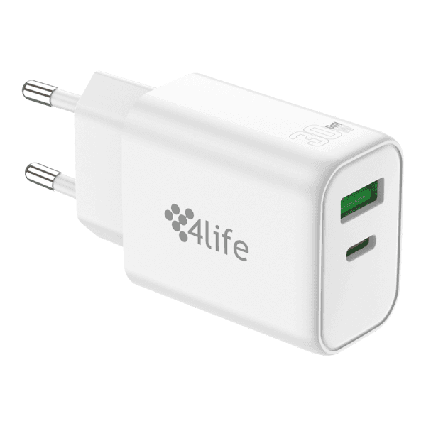 Anúncio: Carregador de Parede 4life 30W GaNMaster Series FL103AC30GW / 1X USB-C / 1X USB-A / 100-240V ~ 50/60Hz - Branco