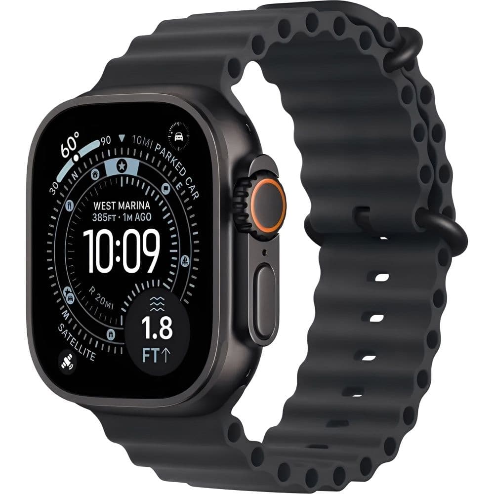 Apple Watch Ultra 3 49MM com Double Tap Gesture / Chip S10 / Pulseira Ocean Band Preta / Caixa de Titânio - Titânio Preto