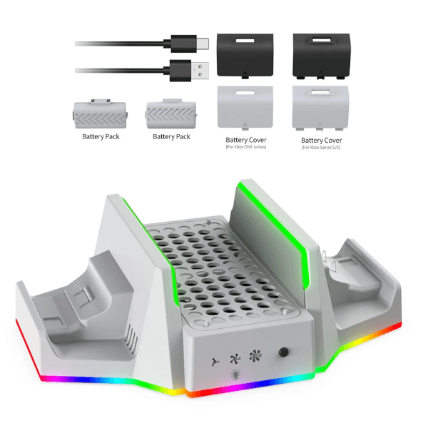 Base Carregadora Dupla com Cooler RGB Dobe X-Series Tyx-0663D para Xbox com 2 Baterias (800mAh) - Branco