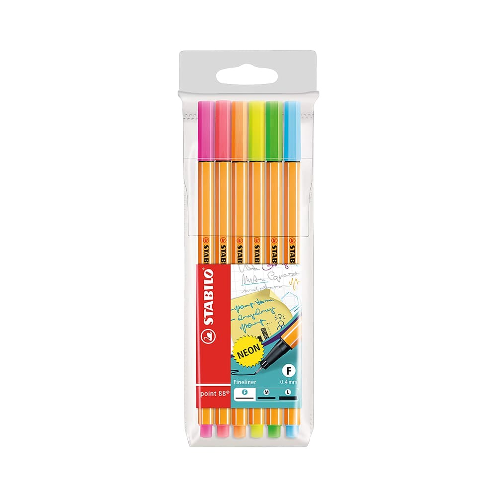 Caneta Marcadora Fineliner Stabilo Point 88 Neon 0.4Mm 6 Unidades