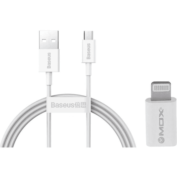 Cabo Baseus USB-A / Micro-USB 1 Metro 2A + Adaptador Micro-USB / Lightning Mox Mo-Pl01 Branco