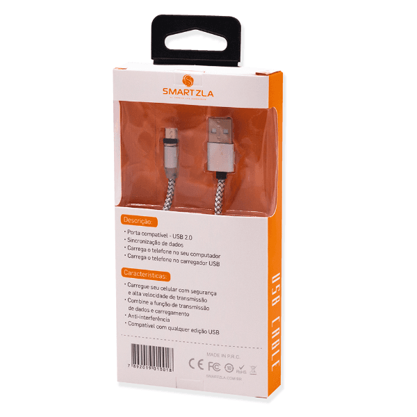 Cabo Smartzla Magnético USB-A/Micro-USB 1 Metro 2.4A Carregamento Rápido Prata