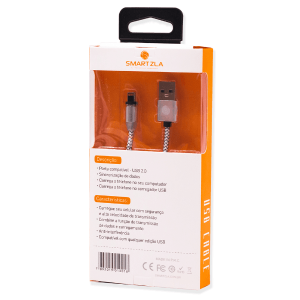 Cabo Smartzla USB-A/USB-Lightning Magnético 1 Metro 2.4A Carregamento Rápido Prata