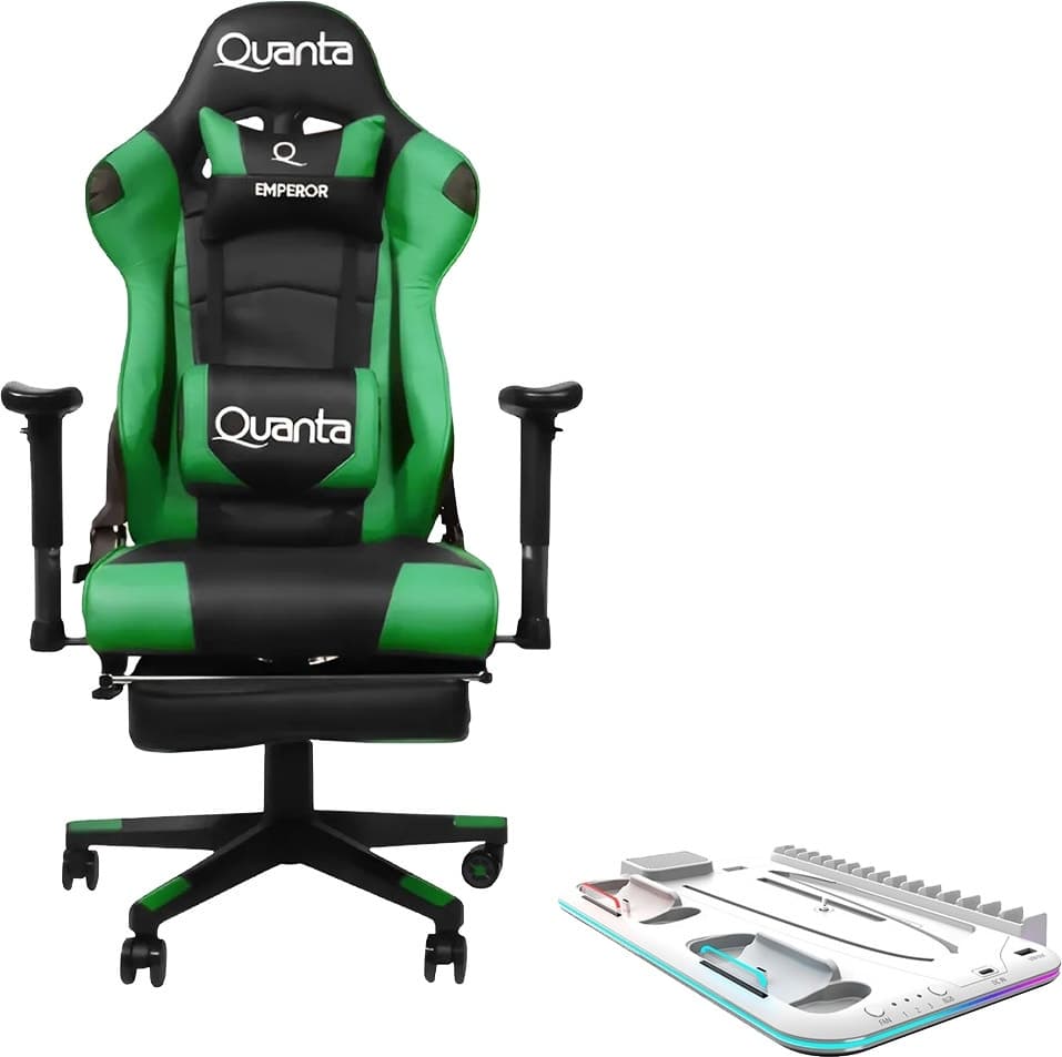 Cadeira Gamer Quanta Qtgc20 Emperor Preto/Verde + Suporte para Ps5 Krab KBD5PRO