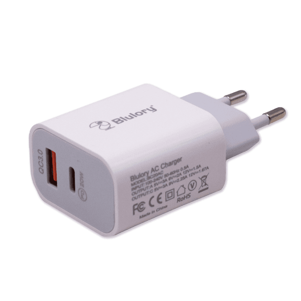 Carregador de Parede Blulory BC20AC USB-C / USB-A Carregamento Rápido 20W Branco