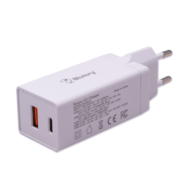Carregador Blulory BC65AC USB-C / USB-A Carregamento Rápido 65W Branco