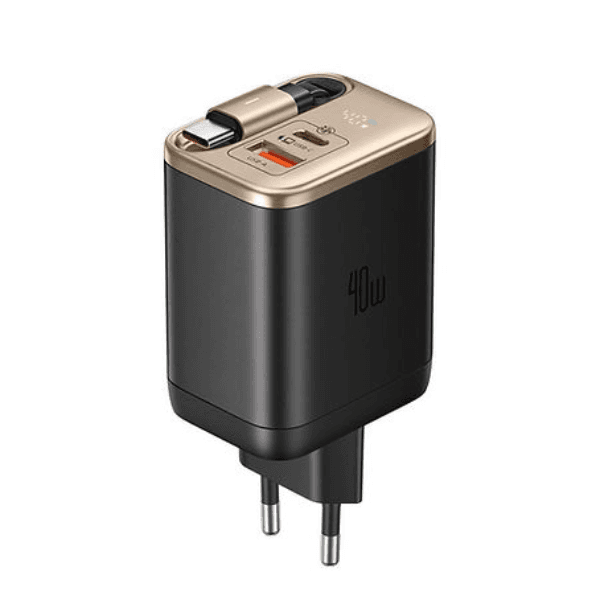 Carregador Mcdodo Ch-4280 40W Gan 2 Em 1 USB-C USB-A com Cabo USB-C Embutido Dourado/Preto