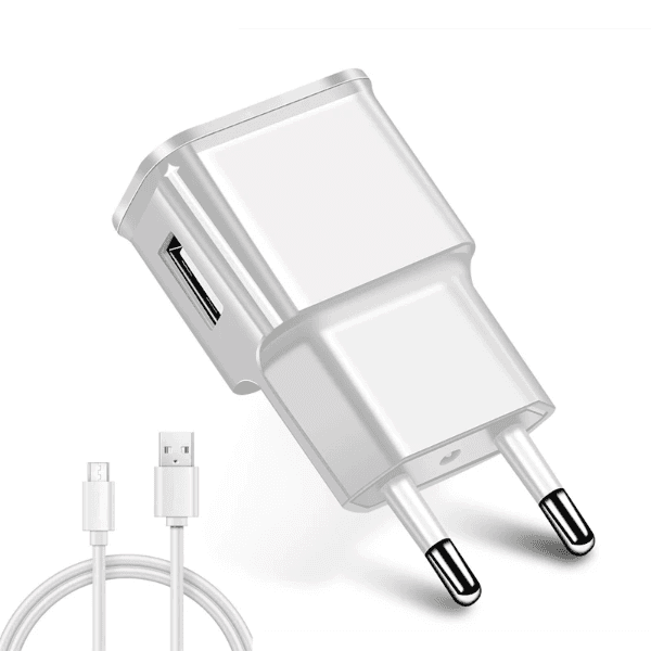 Carregador Adaptador de Parede Travel Adapter + Cabo USB-A / Micro-USB / 1 Metro / 110-240V ~ 50/60Hz - Branco