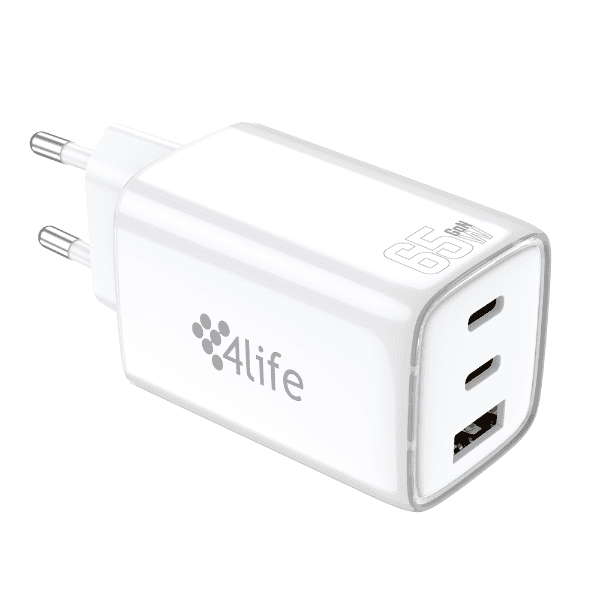 Carregador de Parede 4LIFE 65W GaNMaster Series 2xUSB-C / USB-A / 1.5A / 100-240V ~ 50/60Hz Branco