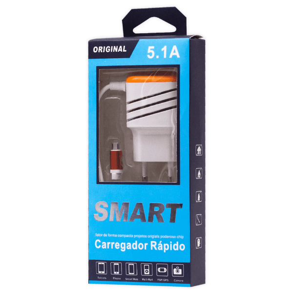 Carregador de Parede Original 5.1 Com Cabo Micro-USB + 2 Porta USB-A Laranja/Branco