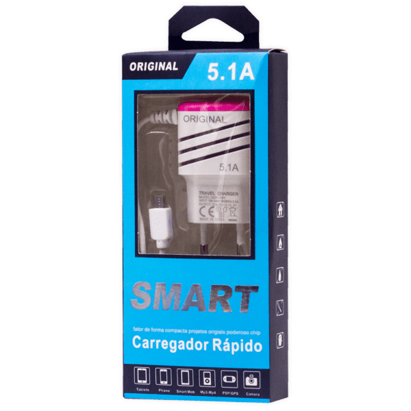 Carregador de Parede Original 5.1 com Cabo Micro-USB + 2 Portas USB-A Rosa/Branco