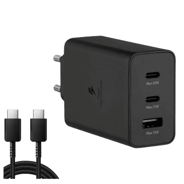 Carregador de Parede Samsung Power Adapter Trio 65W (Ep-Ta800) 2 USB-C / USB-A com Cabo USB-C / USB-C Incluído - Preto