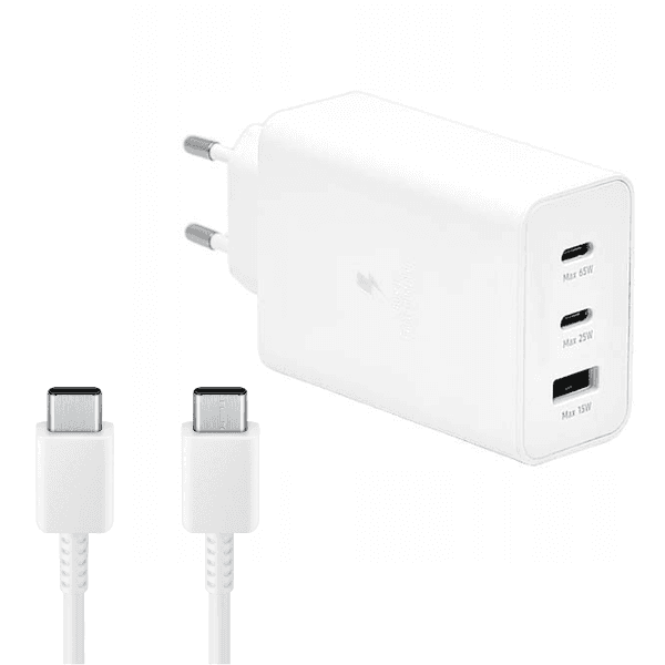 Carregador de Parede Samsung Power Adapter Trio 65W 2 USB-C / USB-A com Cabo USB-C / USB-C Incluído Branco