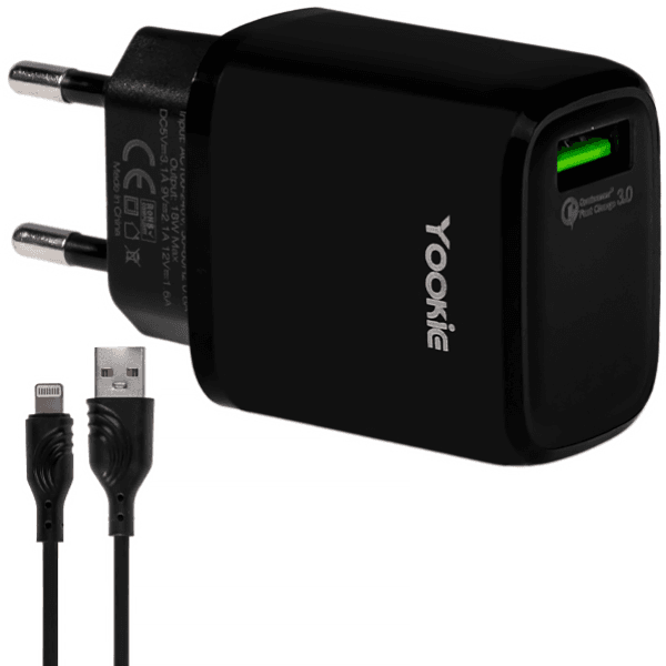 Carregador de Parede Yookie EI2Y 18W USB-A + Cabo USB-A/Lightning Bivolt Preto