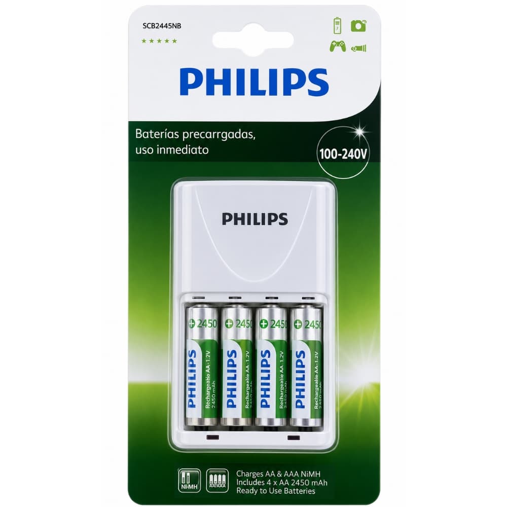 Carregador de Pilhas Philips SCB2445NB/97 NiMH AAA/AA 2V com 4X Pilhas Aa 2450mAh