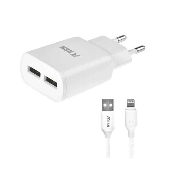 Carregador Keen Kc-01 Auto-Id + Cabo Lightning com 2 Saídas 5V/2.4A - Branco