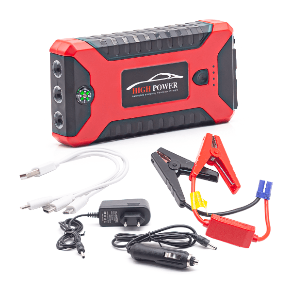 Carregador Portátil e Auxiliar de Partida para Carro Geral Jump Starter 21000mAh com 4 Portas USB e Lanterna Vermelho/Preto