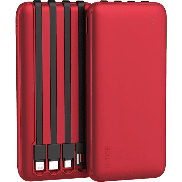 Power Bank G-Tide P1 10.5W 10000mAh com Cabo Embutido USB, Micro USB, USB-C e Lightning Vermelho