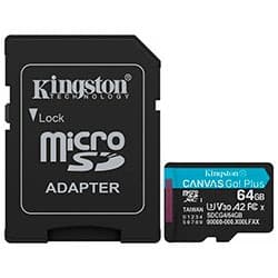 Cartão de Memória Micro SD Kingston Canvas Go Plus U3 C10 V30 A2 64GB - SDCG4/64GB