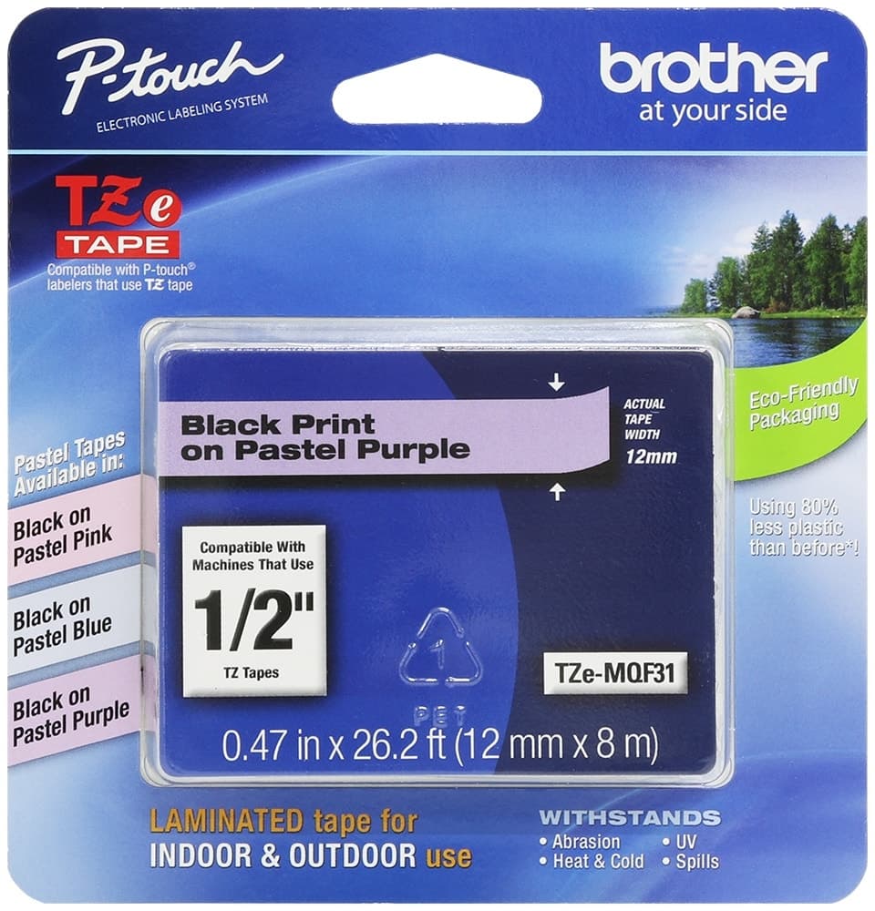 Cartucho de Fita Brother TZe-MQF31 12MM Preto/Roxo Pastel