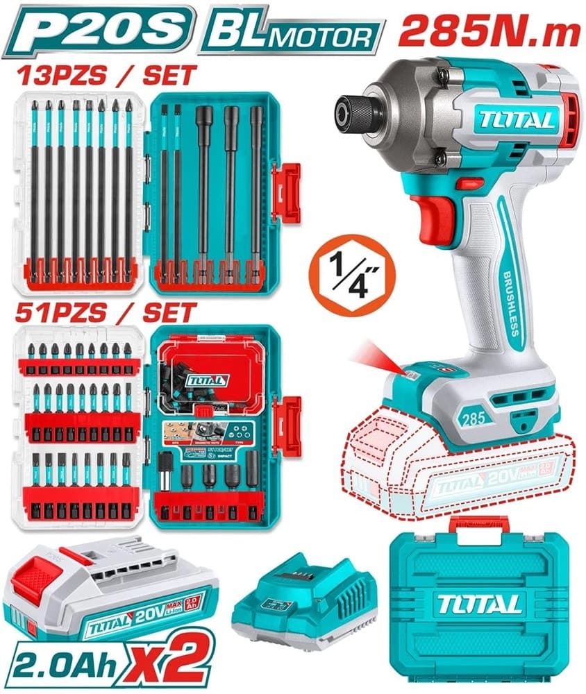 Chave de Impacto Sem Fio Total 20V + Kit de Pontas