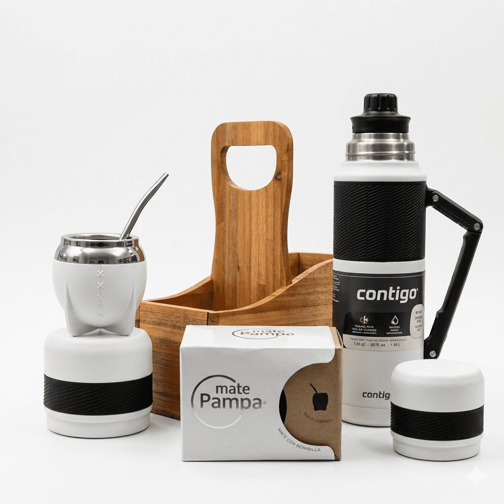 Garrafa Térmica Contigo Kit P/mate Termo 1.18L + Guampa + Bombilla Porta Madera Blanco