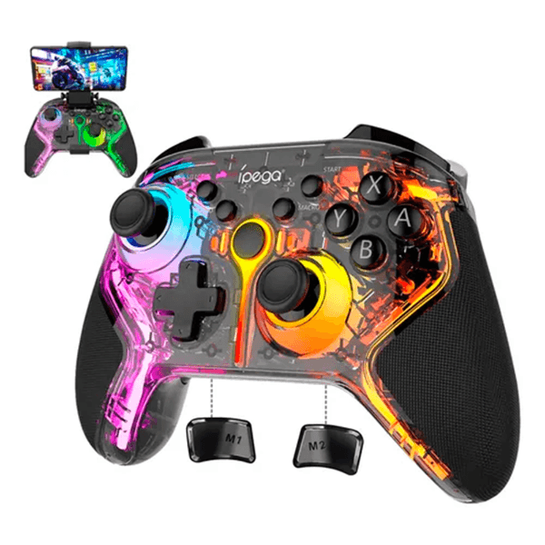 Controle Gamer Joystick Ipega Pg-9666TH com Suporte para Smartphone / Compatível com Android - iOS - Tablet - Smart TV - Ps4 - Ps3 - Nintendo Switch - Windows Pc / RGB / Recarregável - Preto