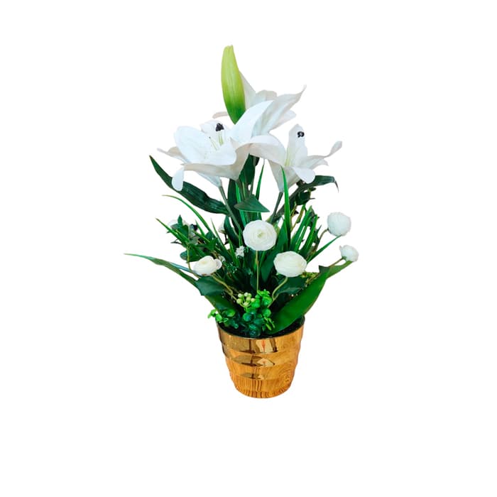 Vaso Decoração Lirio Branco Grande com Vaso Dourado Importacion China