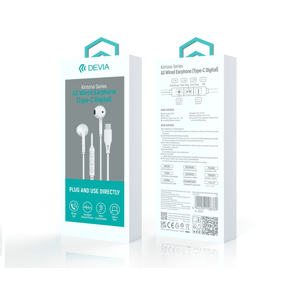 Fones de Ouvido Devia Kintone Serie A3 USB-C Branco