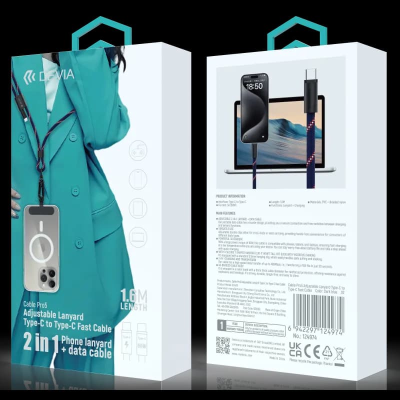 Cabo Devia Correa Pro5 Ajustável 2 Em 1 USB-C para USB-C Azul Escuro