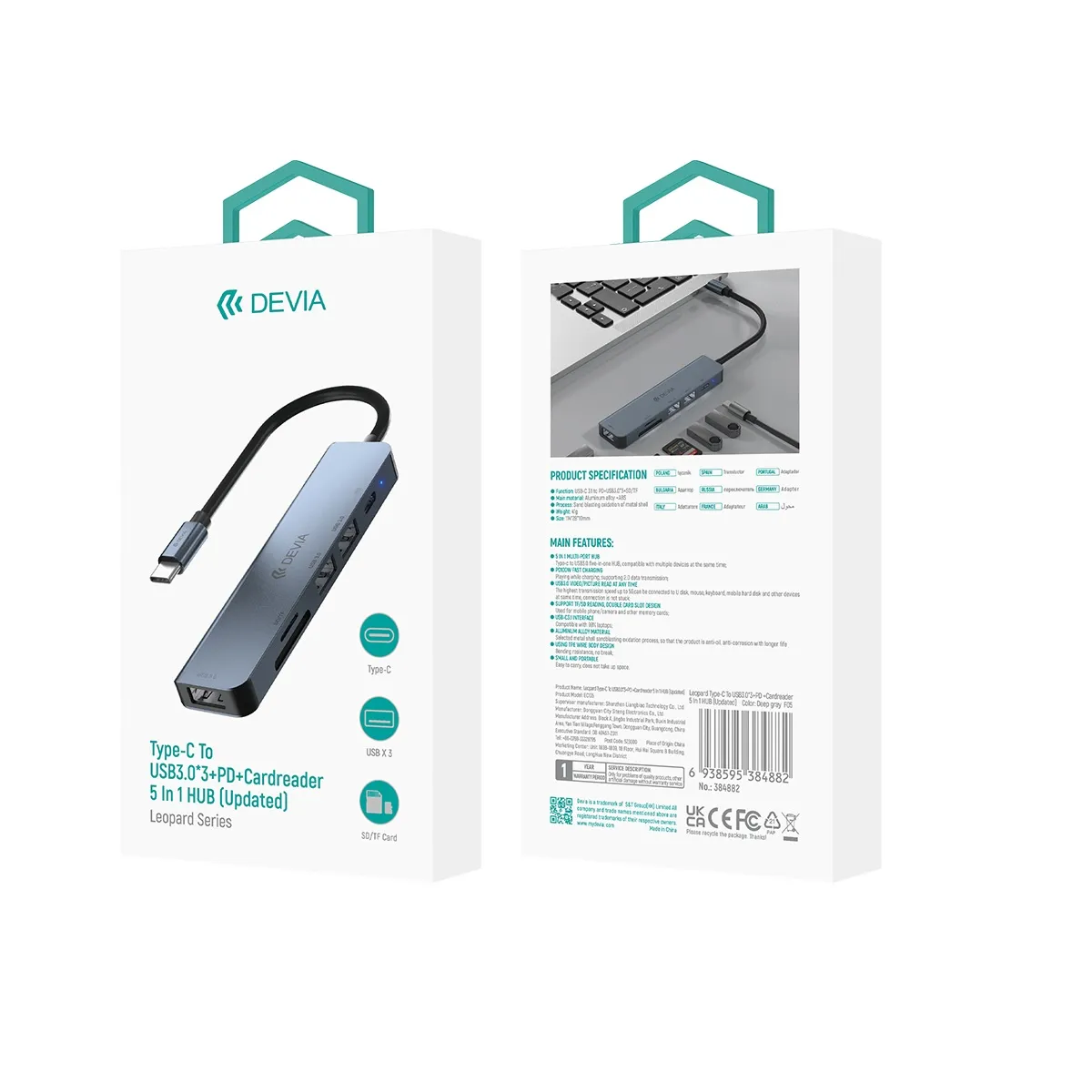 Adaptador Devia Ec135 Type-c 5 Em 1 3.0 5P Cinza Profundo