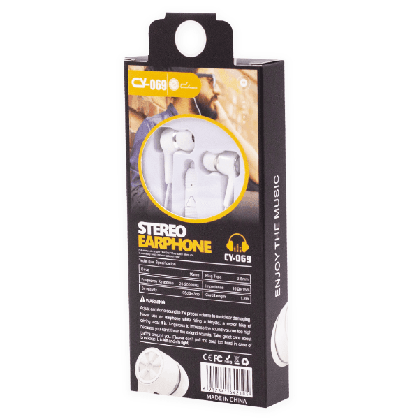 Fone de Ouvido com Fio Geral Cy-069 Stereo Earphones Aux 3.5Mm Branco