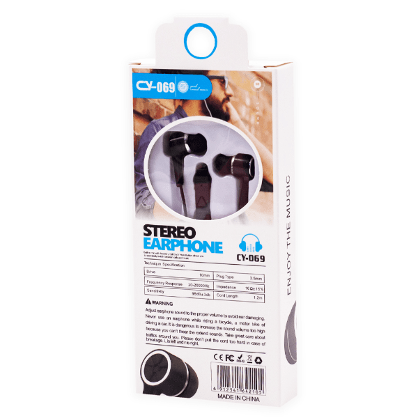 Fone de Ouvido com Fio Geral Cy-069 Stereo Earphones Aux 3.5Mm Preto
