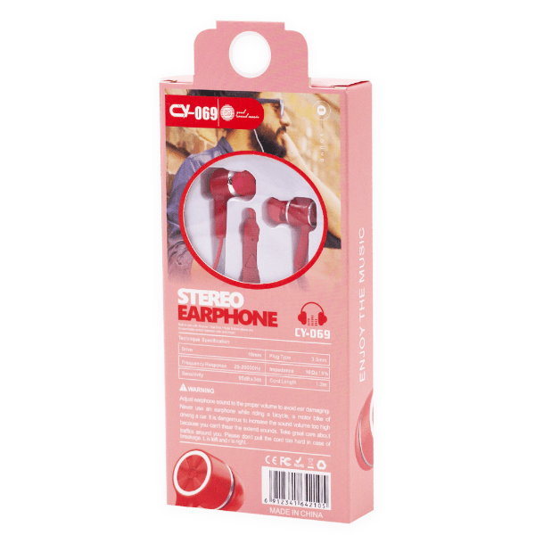 Fones de Ouvido com Fio Geral Cy-069 Stereo Earphones Aux 3.5Mm Vermelho