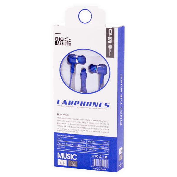 Fone de Ouvido com Fio Big Bass Earphones Aux 3.5Mm - Azul