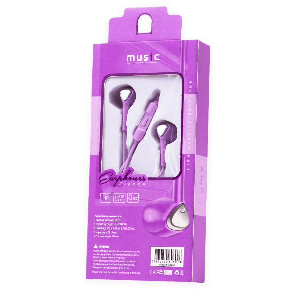 Fone de Ouvido com Fio Geral Cy-073 Stereo Earphone Aux 3.5Mm Roxo